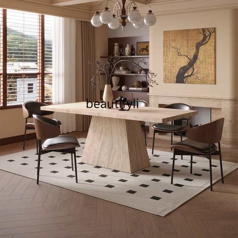 lt French retro travertine rock slab dining table and chairs, modern home designer small apartment medieval simple desk