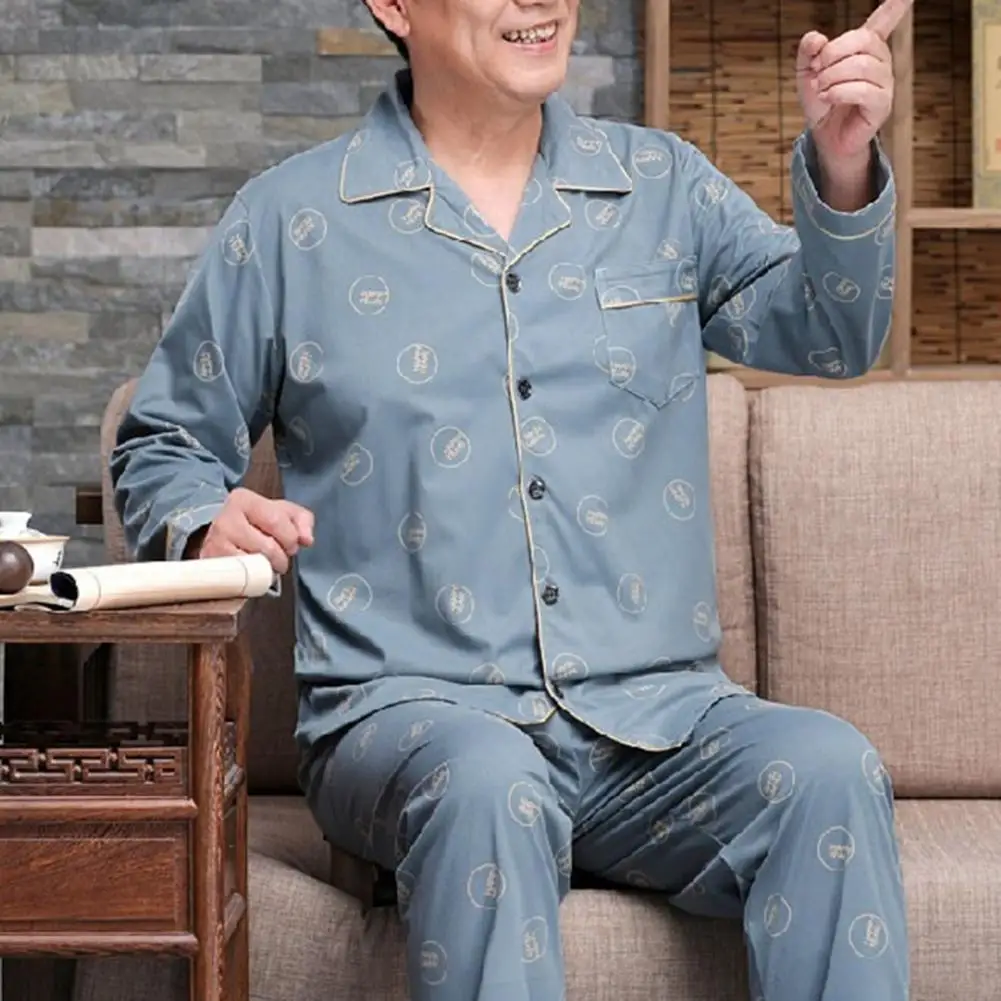 

Men Pajama Set Mid-aged Father's Spring Summer Pajamas Set with Loose Long Sleeve Shirt Wide Leg Pants for Comfortable Homewear