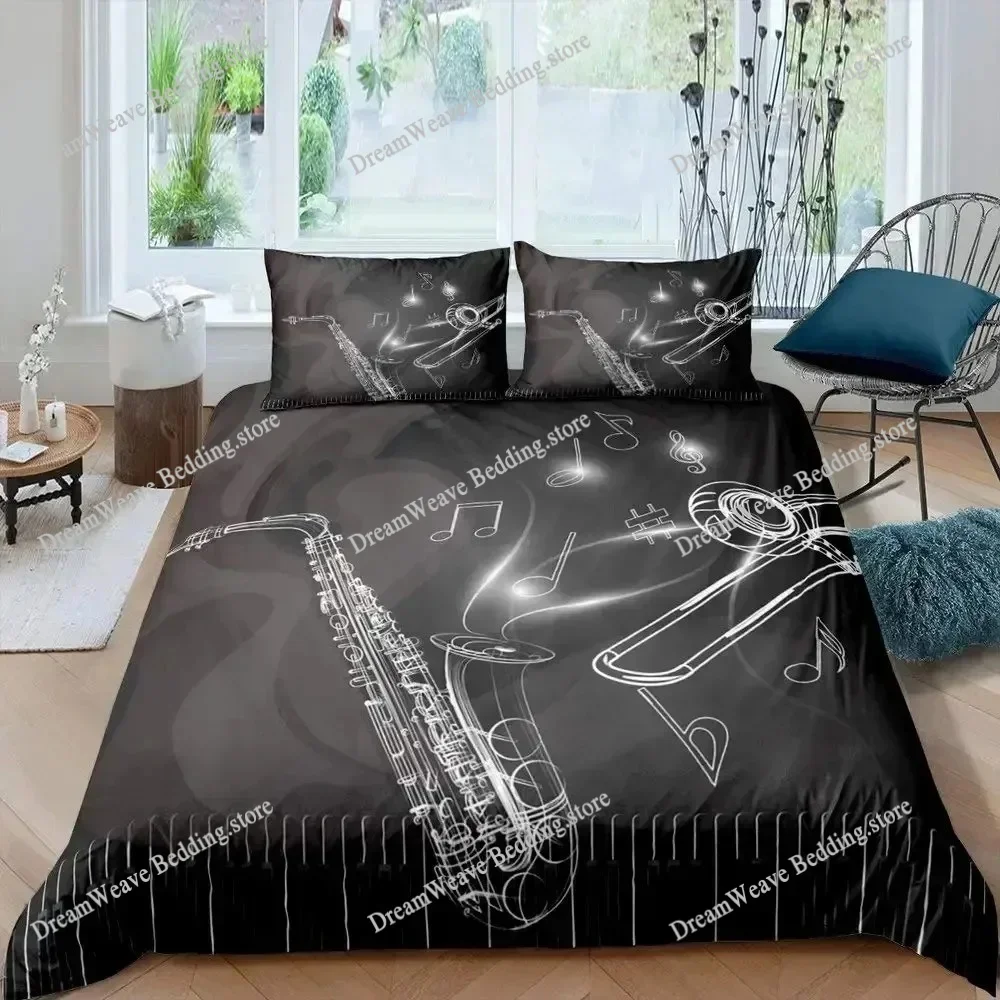 

Saxophone Duvet Cover Set Rotating Musical Notes Bedding Set Musical Instrument Retro Jazz Music Twin 3D Quilt Cover for Kids963