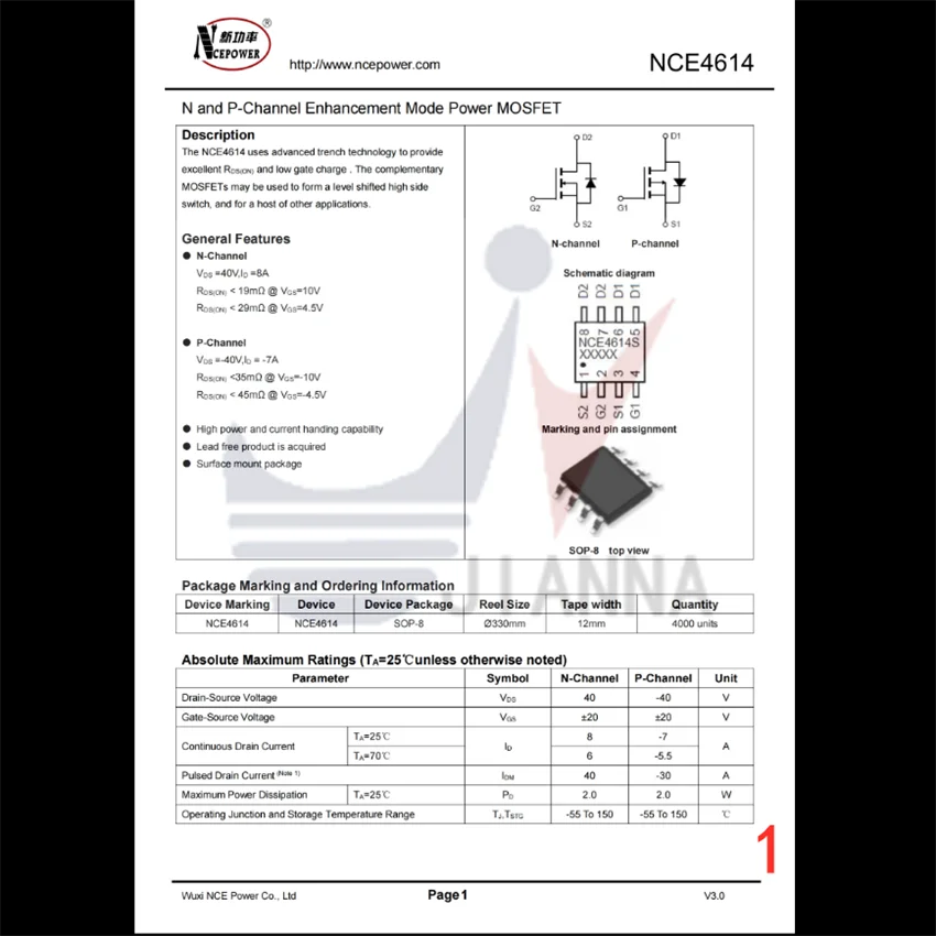 NCE4614 SOP-8 40V/8A N+P channel MOS FET can be packed in multiple specifications