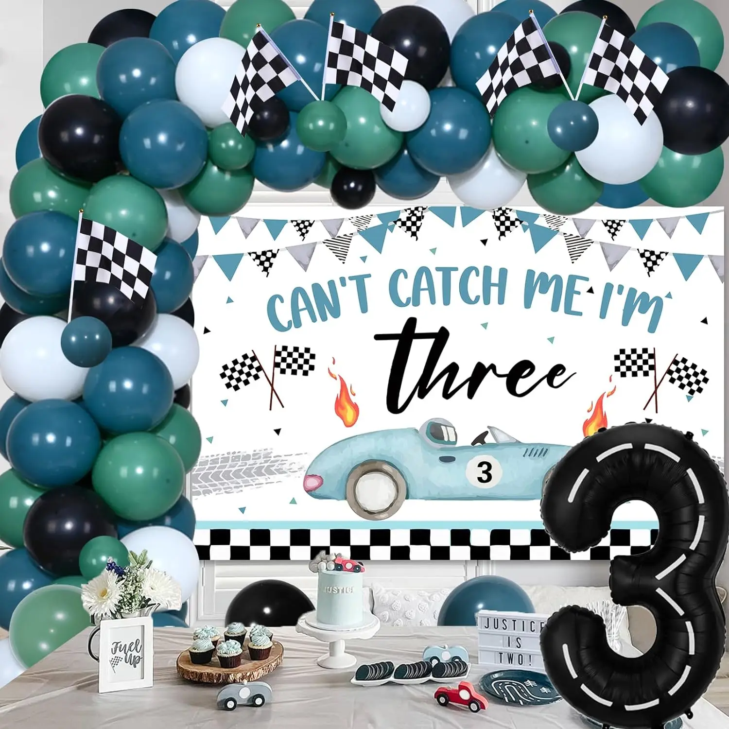 Vintage Race Car 3rd Birthday Decor Boys Balloons Arch Garland Kit with Can't Catch Me I'm Three Backdrop Checkered Flags