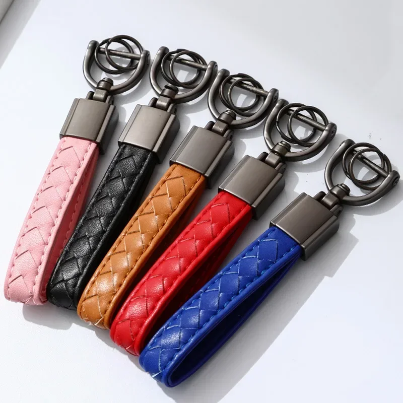 

Custom Logo Genuine Braid Leather Keychain Car Accessory Metal Weaving High-end Keyring Laser Engrave Vintage Key Chain Holder