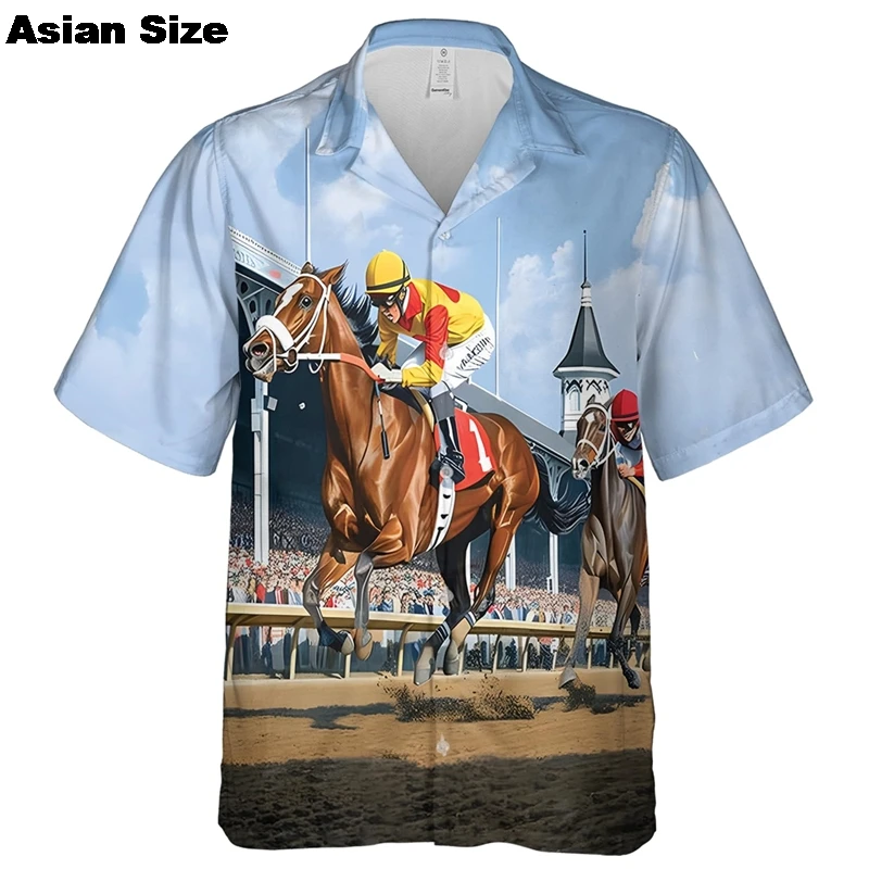 Hawaii Holiday Shirt Men's Clothing 3D Printed Funny Animal Pattern Shirts 2025 Fashion Trend Horse Racing Short Sleeves Blouse