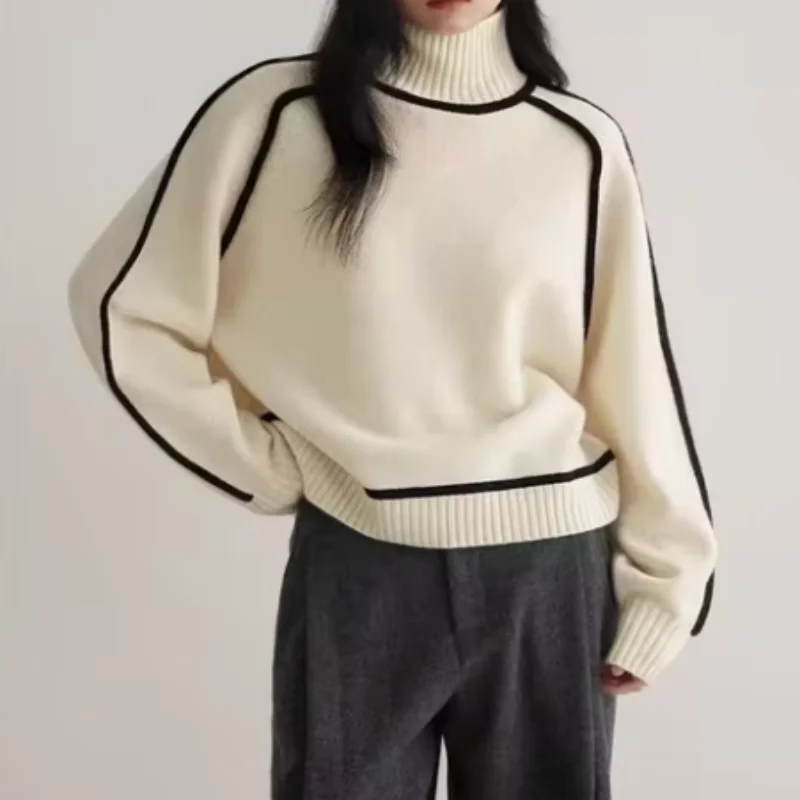 

2025 Autumn/Winter Fashion New Women's Elegant Knitted Hoodie Half High Collar Long Sleeve Splicing Commuter Style Warm Sweater