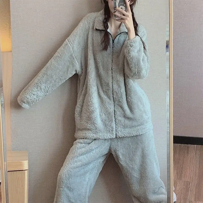 Zipper Sleepwear Women Pajama Sets Winter Warm Piiama Fleece Night Wears Solid Sets for Women 2 Pieces Turtleneck Home Suit New