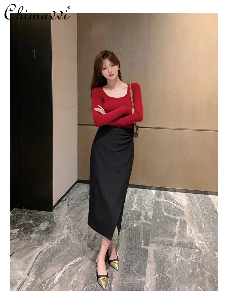 Sweet Solid Color High Waist Long Skirt 2023 Spring Autumn Commute Style Temperament Straight Type Slimming Women's Skirts