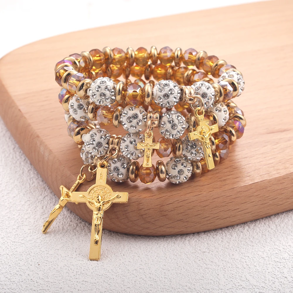 Pulsera de Oro con Cruz de Jesús para Mujer, Brazalete de Cuentas Amarillas, Joyería de San Benito, Pulseras de Estilo Occidental para el Día de la Ascensión de la Fe