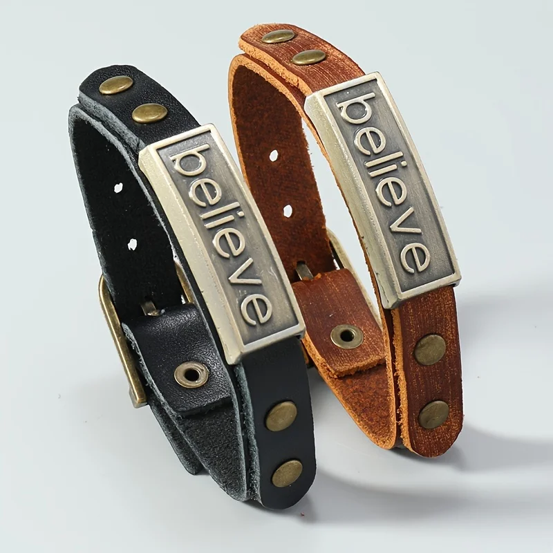 

2pcs Fashion Ornaments Motivational Inspirational Words Leather Bracelet Brown