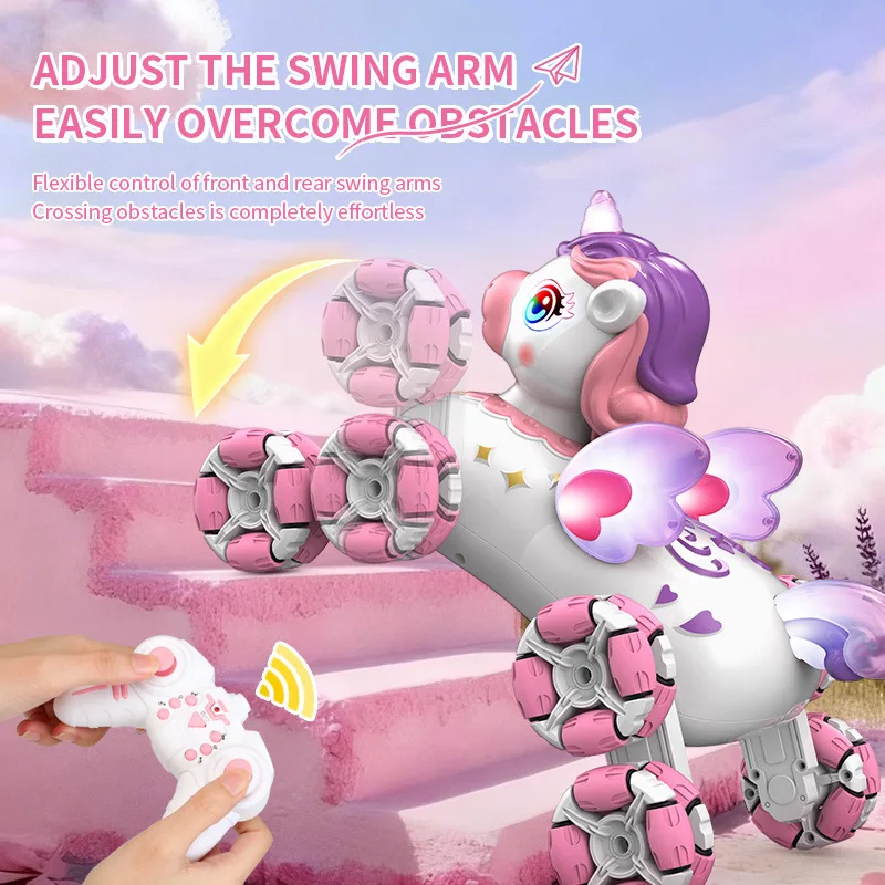 لعبة يونيكورن ذات 8 عجلات للتحكم عن بعد - مع إضاءة وموسيقى، تصميم وردي جذاب، مثالية للفتيات