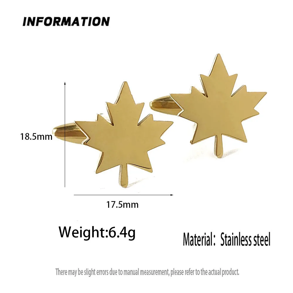 18K Gold Plated 316L Stainless Steel Maple Leaf Cufflinks Plant Leaf Shirt Cuff Buttons Mens Business Wedding Suit Jewelry