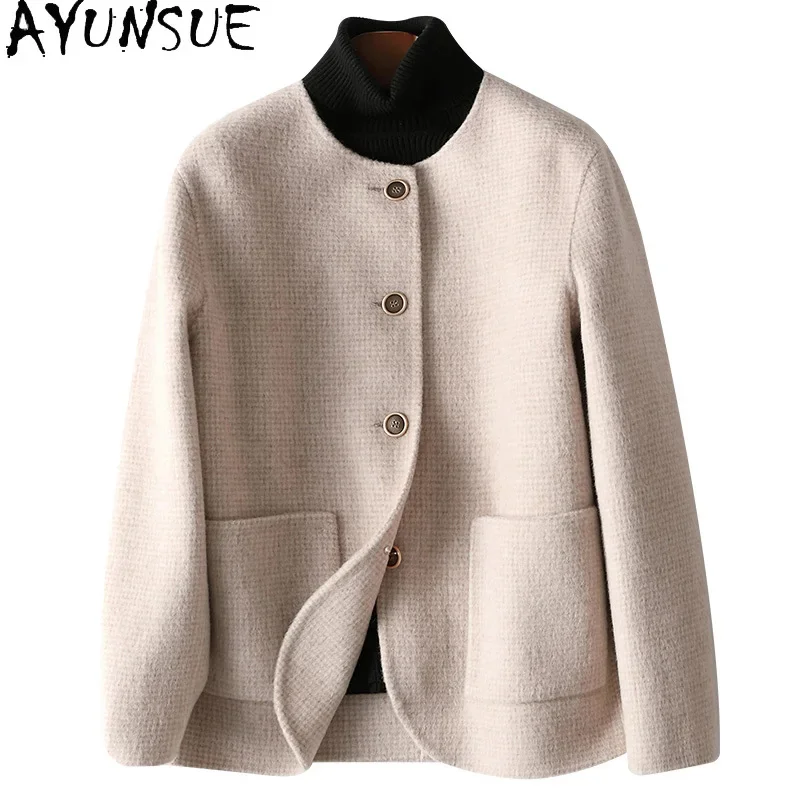 

High AYUNSUE Quality 87% Wool Jackets for Women 2024 Autumn Winter Short O-neck Cashmere Coat Fashion Plaid Elegant Streetwear