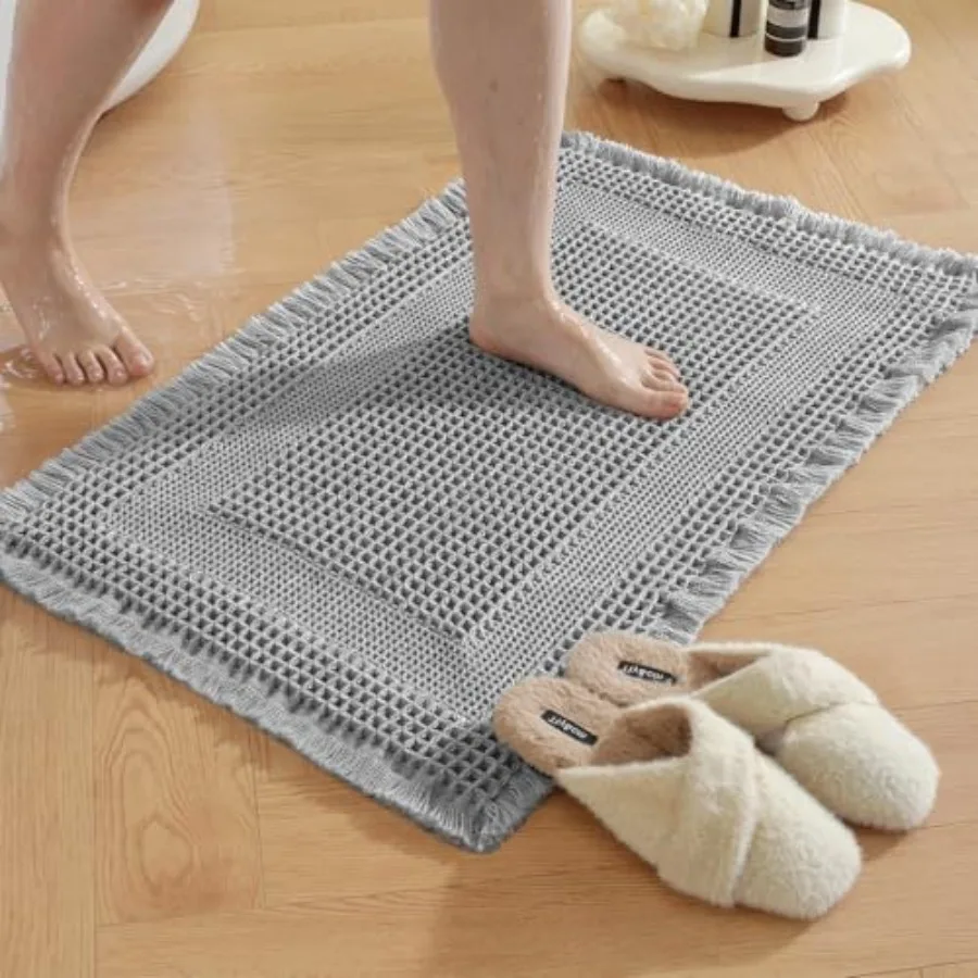 

Waffle Bath Mat - Super Water Absorbing Bath Mat Quick Dry, Bathroom Rugs Non Slip Washable with Tassels, Rubber Backed Bathroo