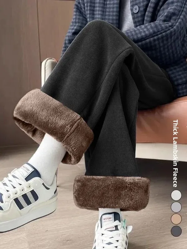 

Thiened Lamb бархатные женские брюки с высокой талией и широкими штанинами, новые зимние повседневные брюки прямого кроя на подкладке