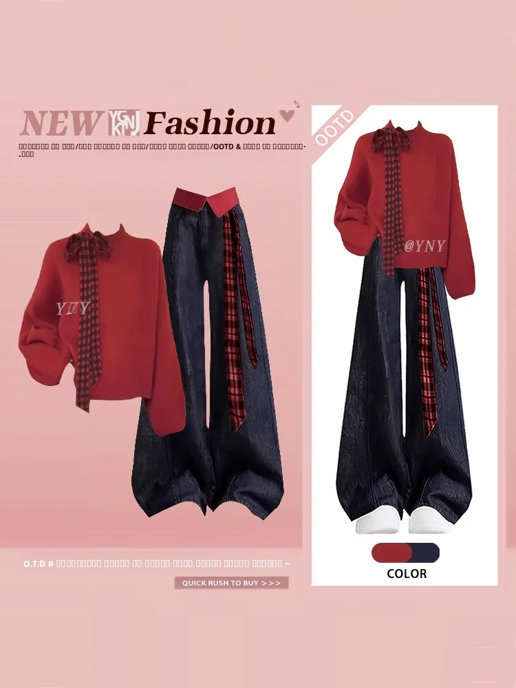 

Red Knitted Sweater And High Waist Jeans Set round Ne Winter Outfit Casual Loose Fit French Sle Long Sve Faion Set