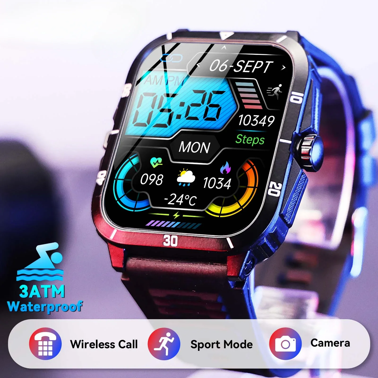 

Men's KT71 Military Smartwatch 1.96" IPS Display. Waterproof. 100+ Sports. Tracks Heart Rate & Blood Pressure. Bluetooth Calling