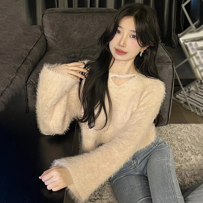 Winter V-neck Sweater For Women Gentle  Straps Loose Sweet Lazy Style Pullover Knitwear Japan Style Fashion Knitted Top