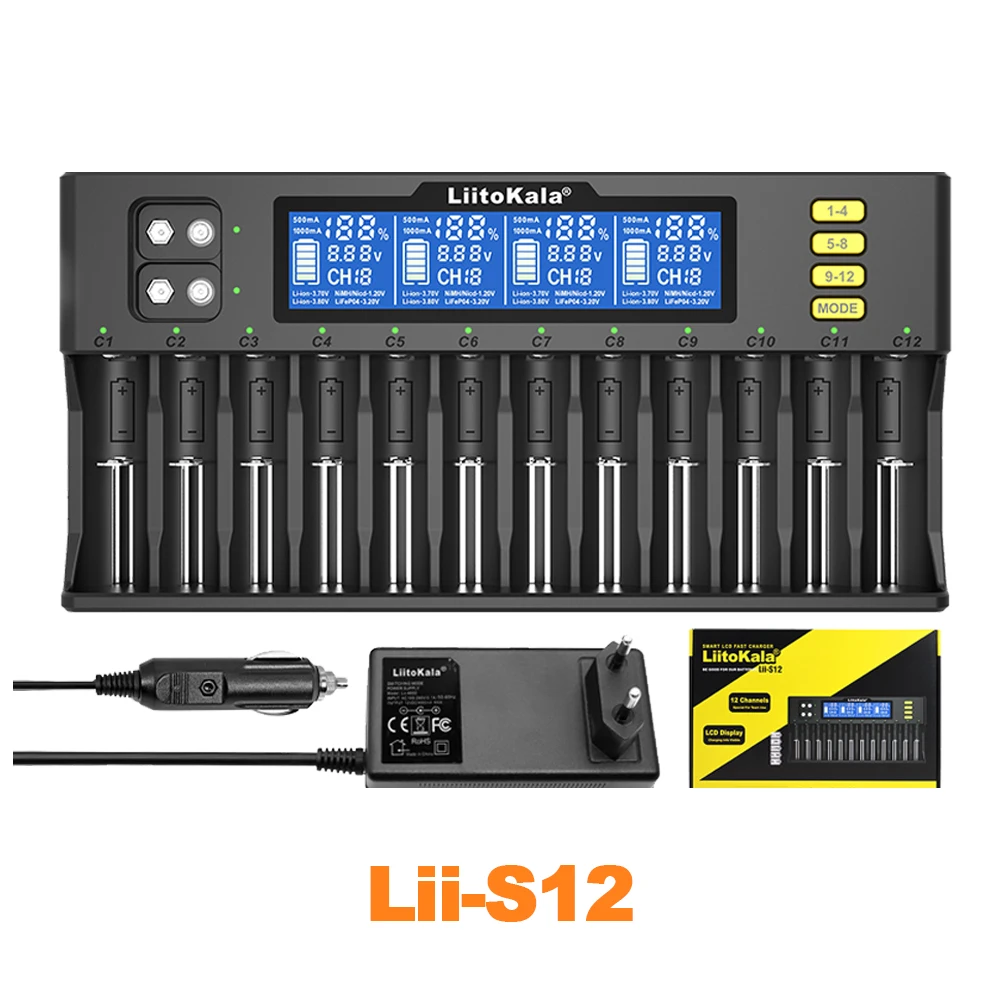 LiitoKala Lii-S12 12-Slot LCD Battery Charger for Li-ion LiFePO4 Ni-MH Ni-Cd 9V 21700 20700 26650 18650 16340 18350 RCR123 18700