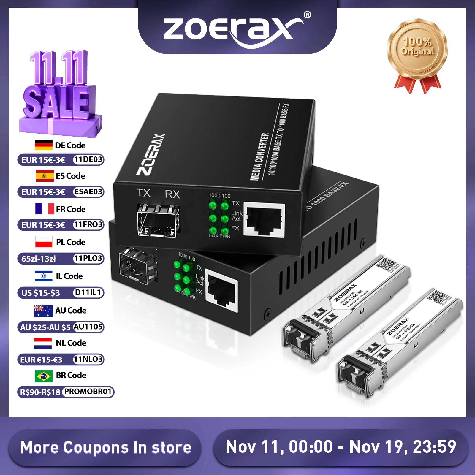 ZoeRax Gigabit SFP LC Módulo multimodo de fibra para RJ45 Ethernet Conversor de mídia Transceptor de fibra óptica com módulo LC SFP 1.25G