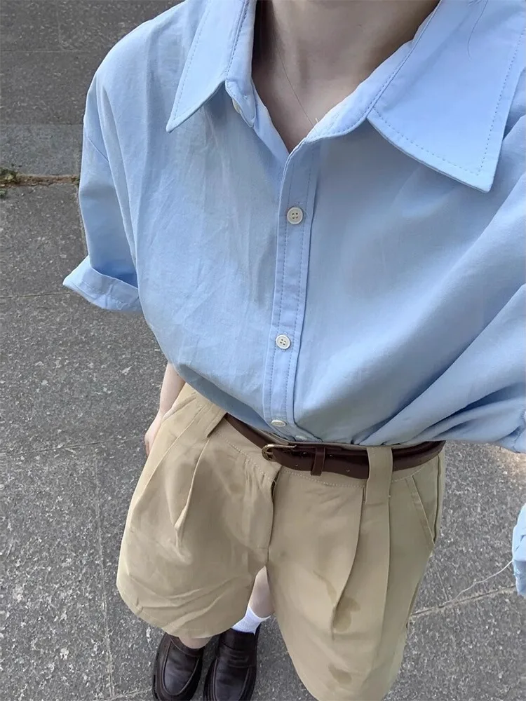 

Синяя повседневная свободная рубашка с коротким рукавом и воротником, верхняя одежда для женщин, для поездок на работу, летняя, новая модная коллекция, маленький размер