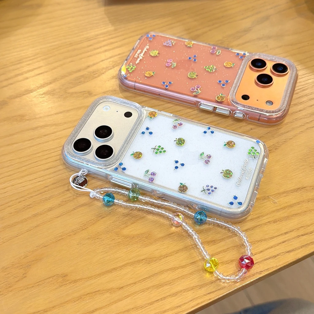 

Summer Colorful Fruit Clear Glitter With Beaded Lanyard Shockproof Protective Phone Cover Case for iPhone 17 16 15 14 Pro Max