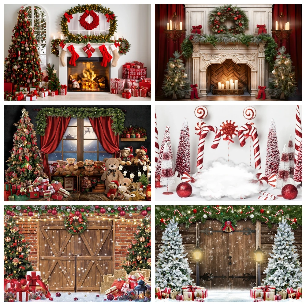 Christmas Backdrop Xmas Tree Fireplace Window Gifts Santa Claus Brick Wall Winter Adult Family Party Baby Photography Background