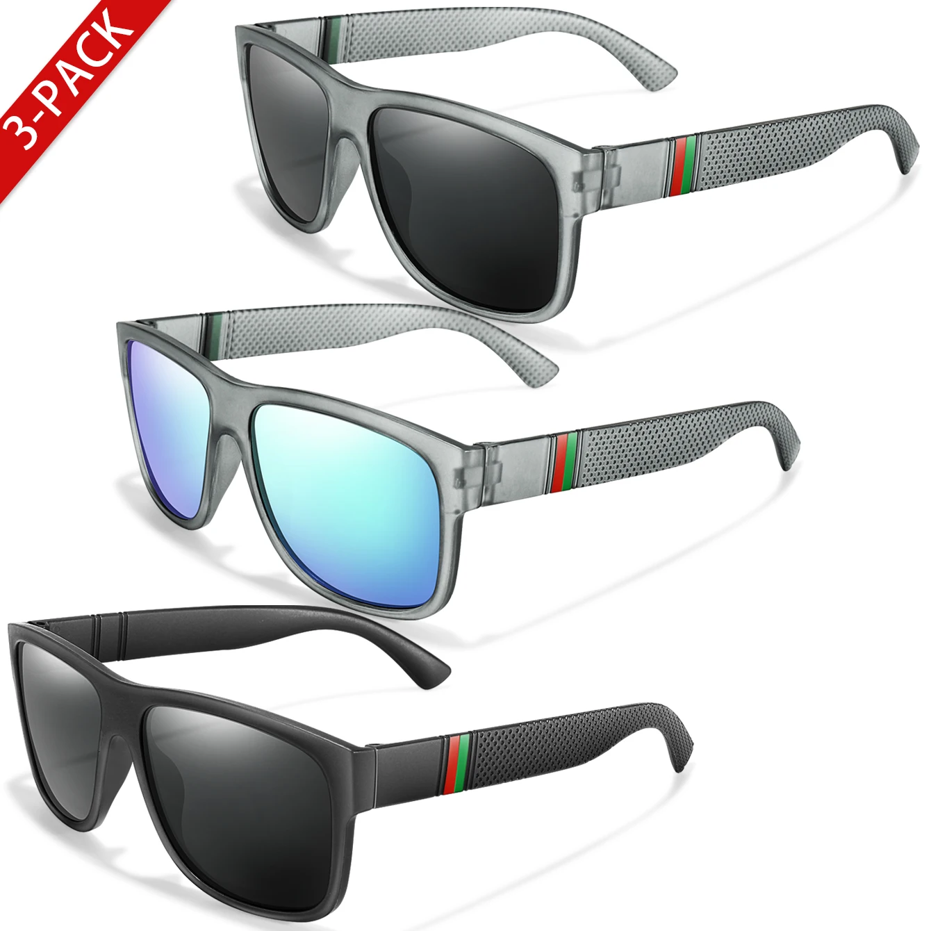 3-teilige polarisierte Angelsonnenbrille, quadratisch, großer Rahmen für Männer und Frauen, Outdoor-Sport, Freizeit, Fahren, Golf, Reisen, Strandbrille