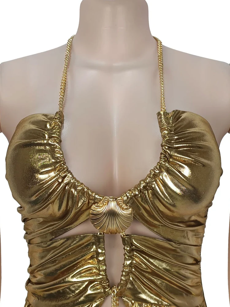 Kricesseen Sexy Women's Metallic Gold Halter Maxi Dress New Ladies Ruched Cut Out Backless Chain Detail Formal Party Gown