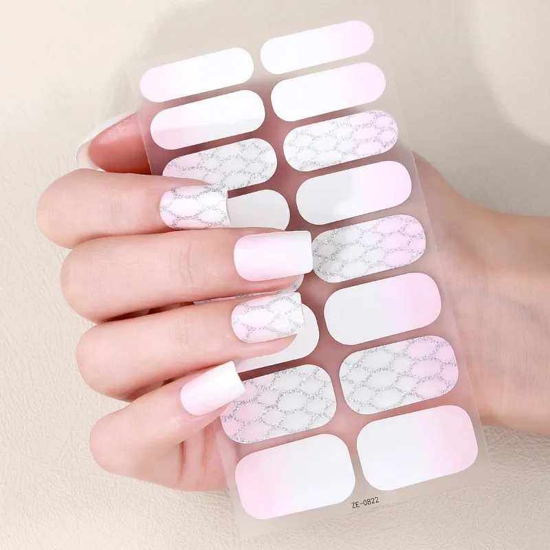 16Tips French Glitter Stripes Baking-Free Nail Polish Stickers Self-Adhesive Full Cover Nail Wrap DIY Manicures Decoration Decal