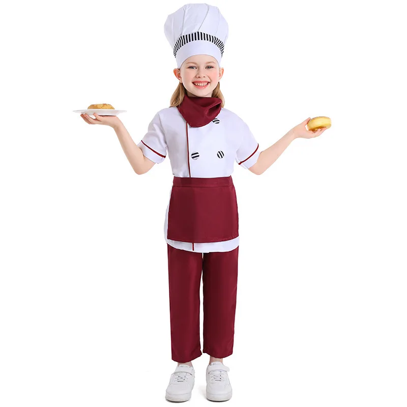 Kids Cook Tshirt Chef Uniform Children Kitchen Hat Cap Work Jackets Restaurant Halloween Performance Stage Party Cosplay Costume view 4