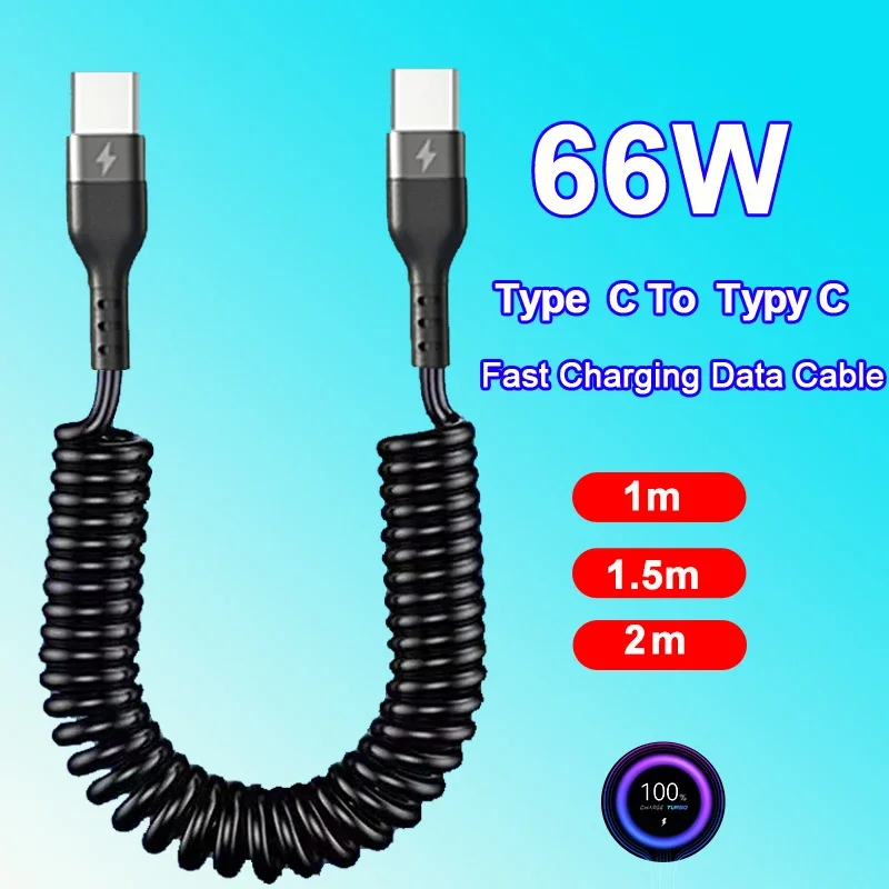 65W 5A Cable Fast Charging Spring Pull Telescopic Cord Type C To Type C For  Xiaomi OPPO Huawei USB C Car Charger Cable