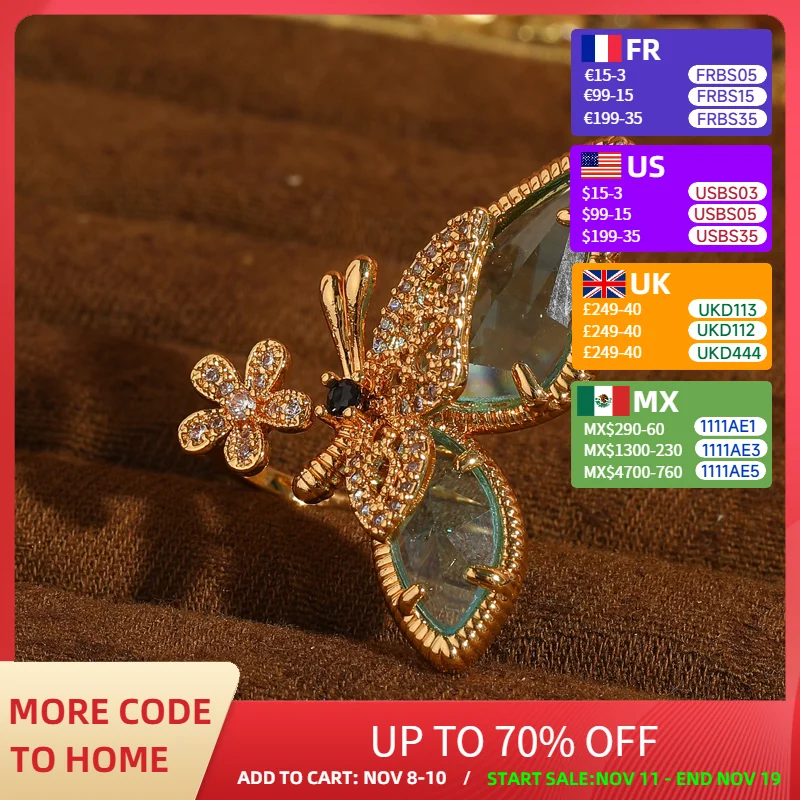 

﻿ Vintage Glass Butterfly Rings Woman Rhinestone Gold Color Crystal Large Luxury Quality Jewelry Designer Wedding Party 2025