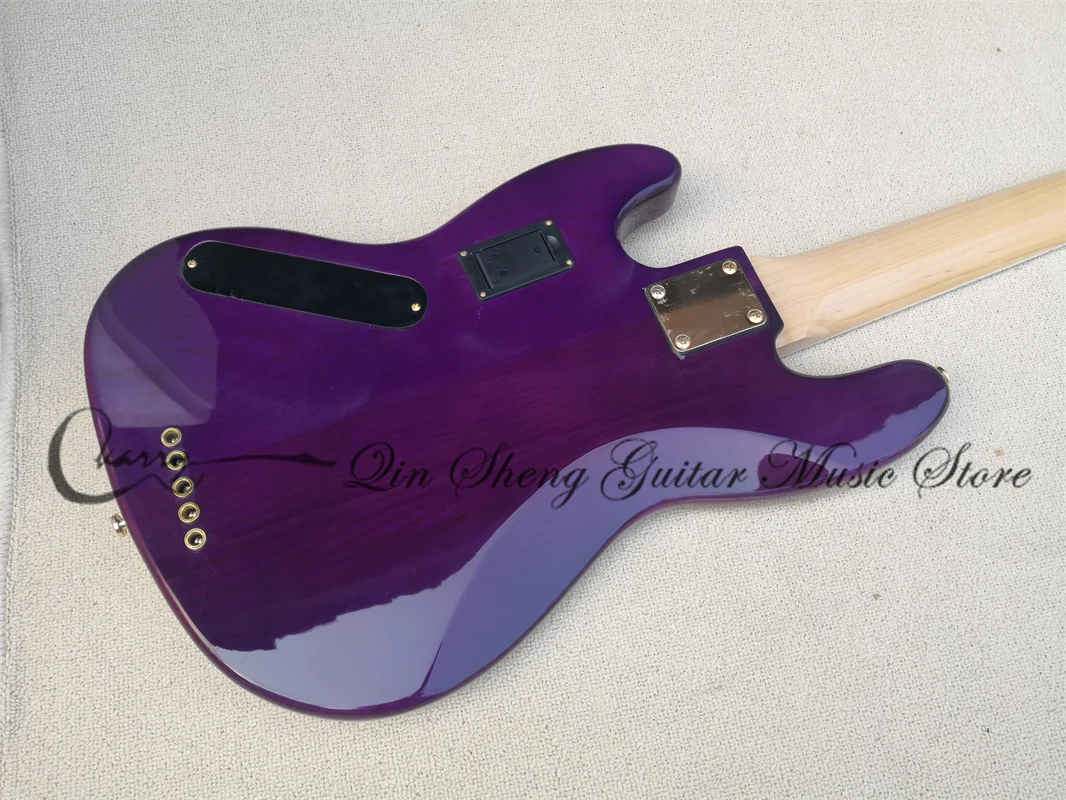 5 strings purple bass guitar jb bass fixed bridge spalted maple top gold tuners active battery maple neck