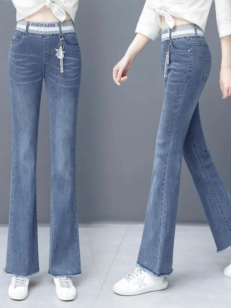 

Эластичные широкие джинсы с высокой талией, женские весенне-осенние новые корейские свободные тонкие прямые длинные брюки, синие джинсовые всесезонные