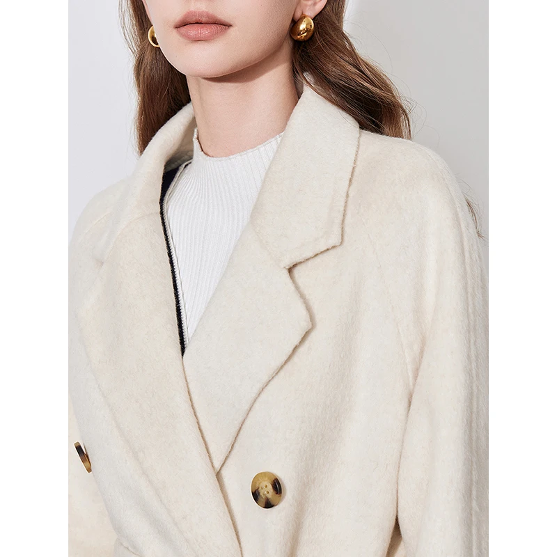 TOYOUTH Women Wool Coat 2024 Autumn Winter New Silk Notched Shawl Collar Double Side Double Single Breasted Button Woolen Coat