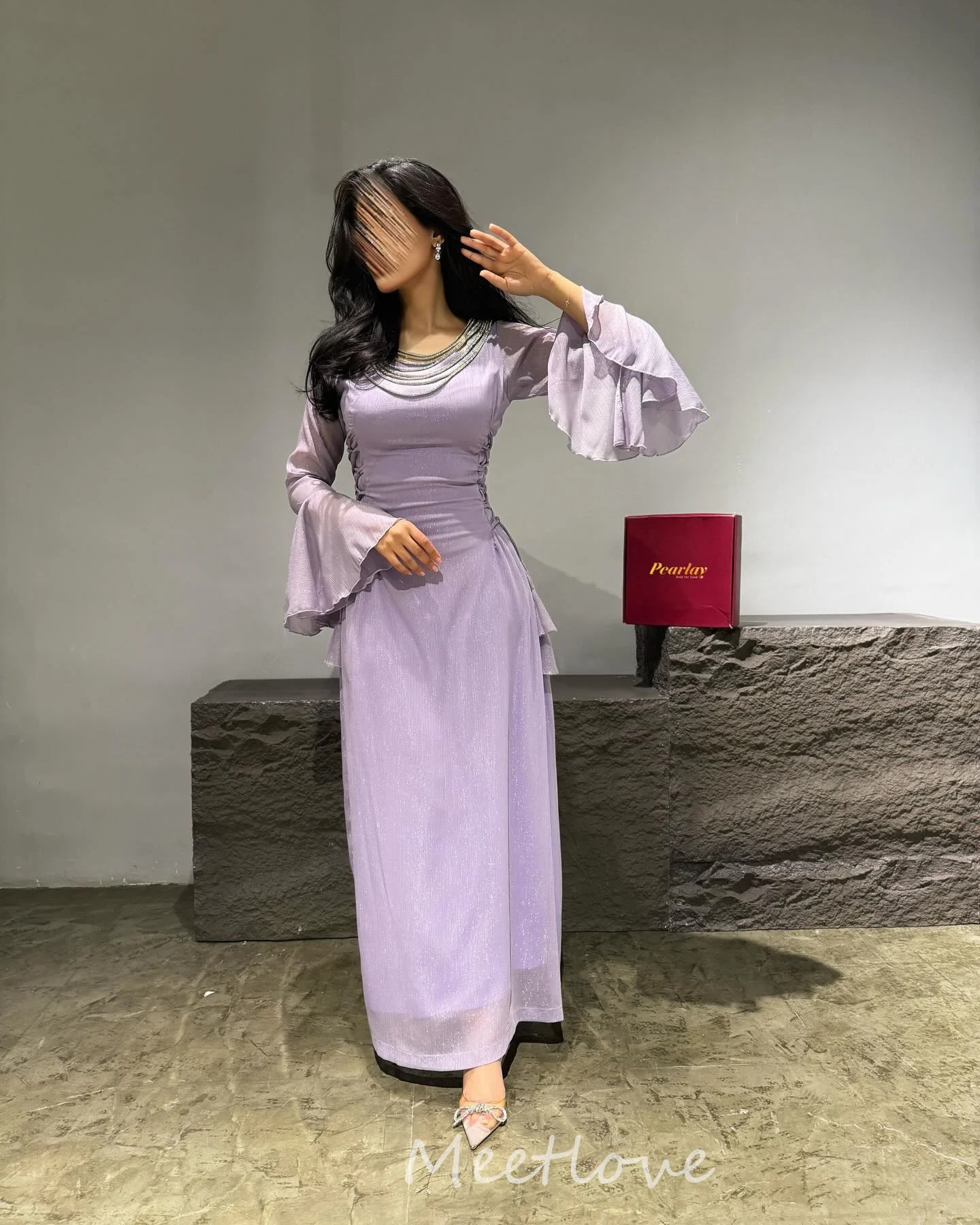 

Meetlove Lavender Evening Dress Formal Saudi Arabia O Neck Long Sleeve Vestidos De Noche Mermaid Beaded Prom Dress Ankle-Length