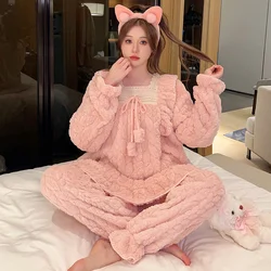 Autumn Winter Women's Coral Velvet Pajamas Long-Sleeved Sweet Bow Princess Thickened Loose Home Clothes