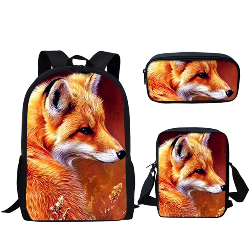 Cool Fox Wild Animals Pattern 3 pz/set zaino 3D Print School Student Bookbag Laptop Daypack borsa a tracolla astuccio