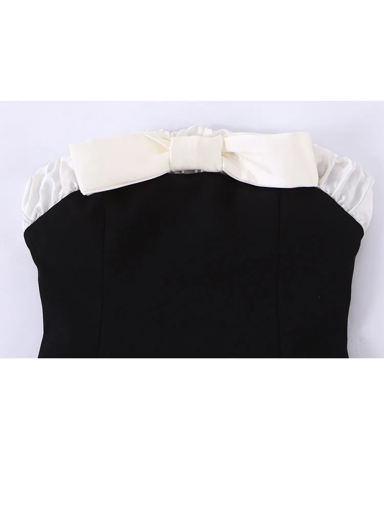 

HH Woman Summer Fashion Versatile Princess Style Sweet Bow Tie Splicing Decoration Zipper Tube Top Female Leisure Cute Blousee