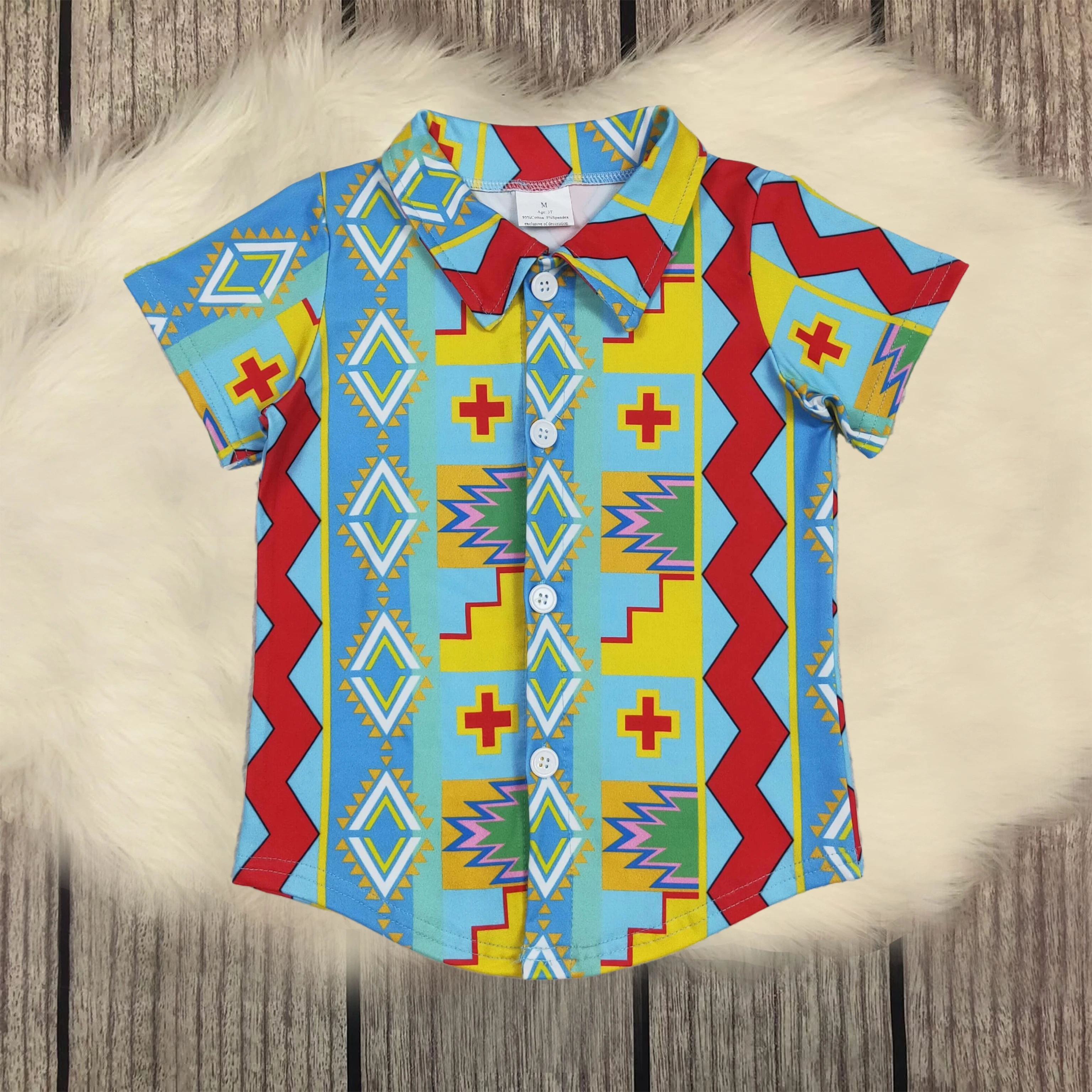 

Wholesale Baby Boys Short Sleeves Colorful Aztec Print Button Up Lapel Shirts Tops Toddler Children Kids Infant Cardigan Clothes