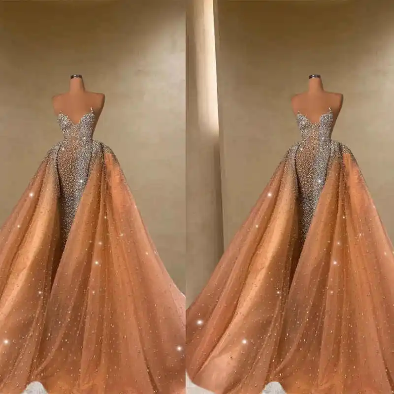 Graceful Customized Mermaid Dress With Strapless Sequins Beaded Sleeveless Detachable Train  Princess Vestidos De Novia