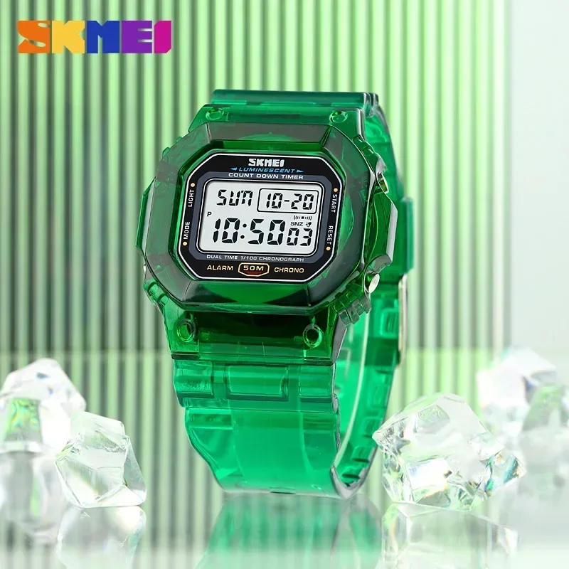 SKMEI 1999 reloj mujer Multifunctional 2 Time Count Down Women Digital Watches Transparent PU Strap Lady Wristwatch Shockproof