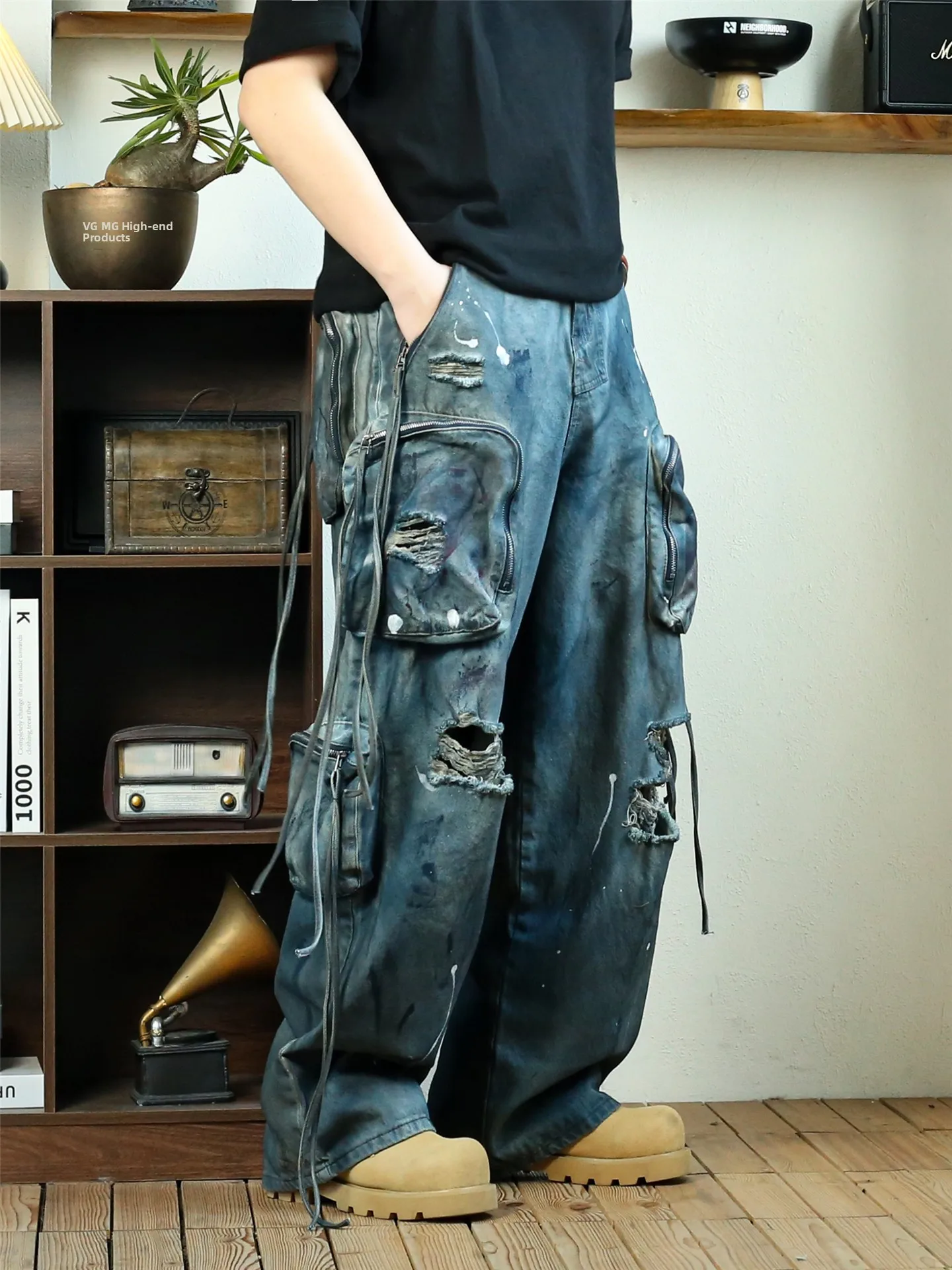 

American Street Sle Zipper Large ket Workwear Jeans Men's Distred Straight Leg Wide Leg Long Pants Denim Jeans