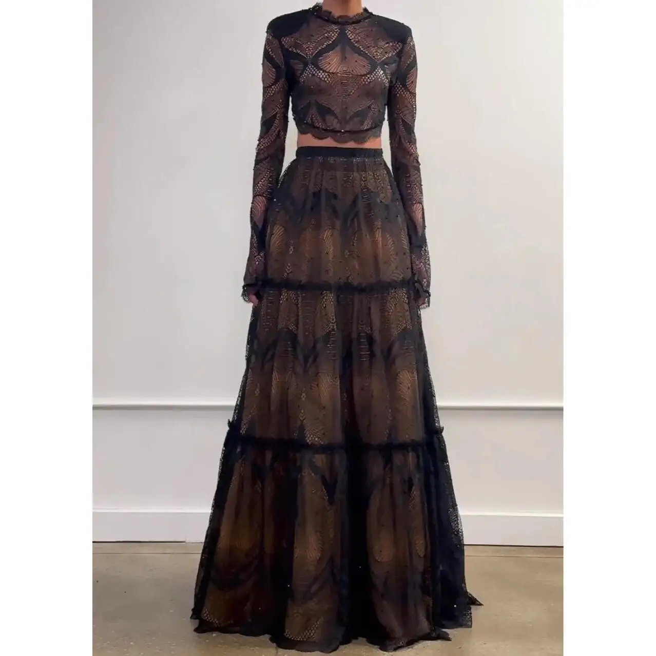 Sexy Faionable Ele Long Sve Stampa in pizzo Maxi Dr Set Sli Ensemble Donna Autunno Faion Sexy Sle Poliestere F...