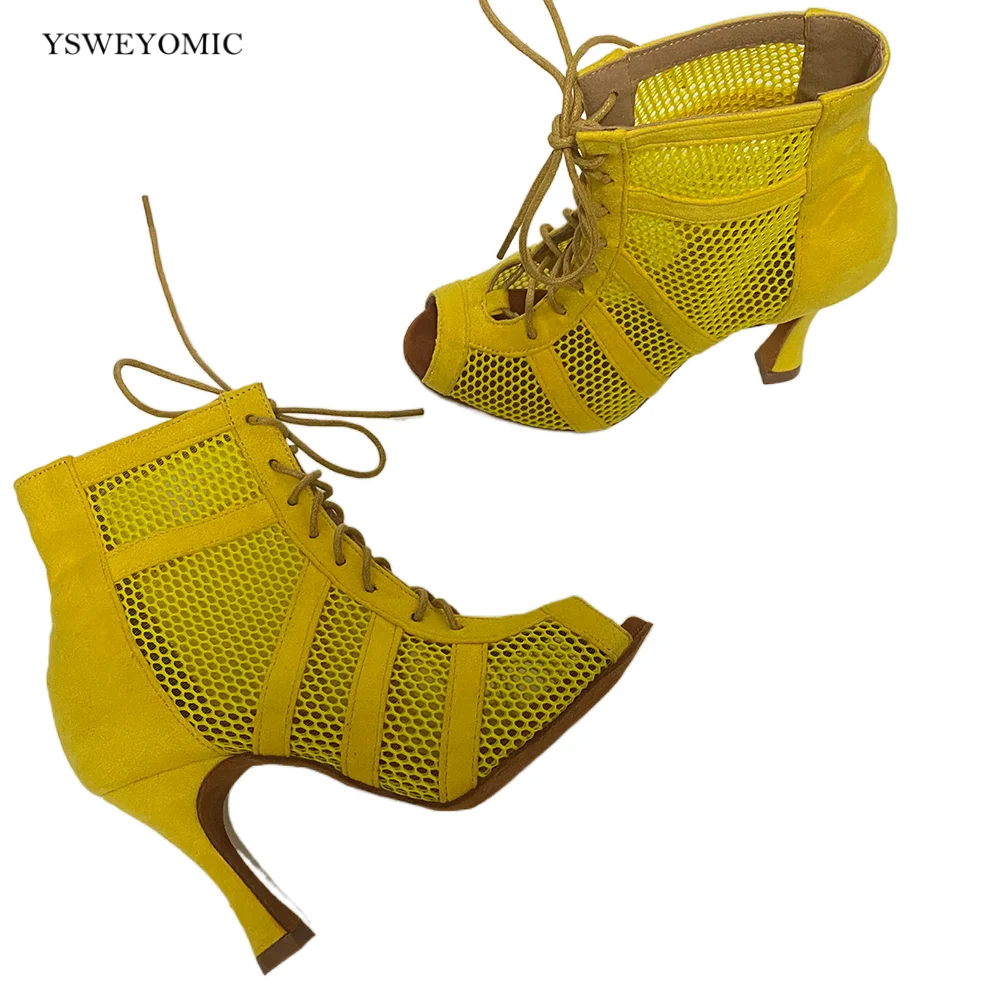 Yellow Suede Women Latin Ballroom Dancing Booties New style Made Soft Insole Latin Dance Shoes Dance High Heels 3inch 4inch