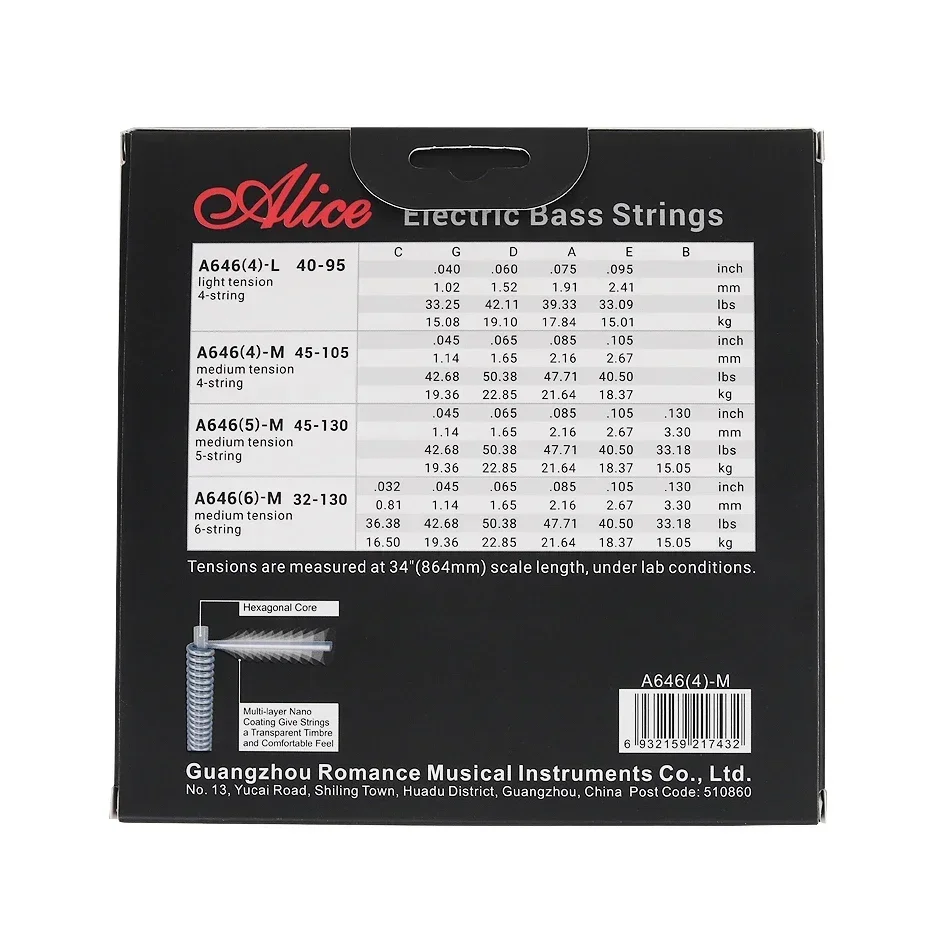 Alice A646 Multi-Nano Coating Electric Bass Strings Set 4 Strings Hexagonal Core White Nickel Alloy Winding 040-95/045-105