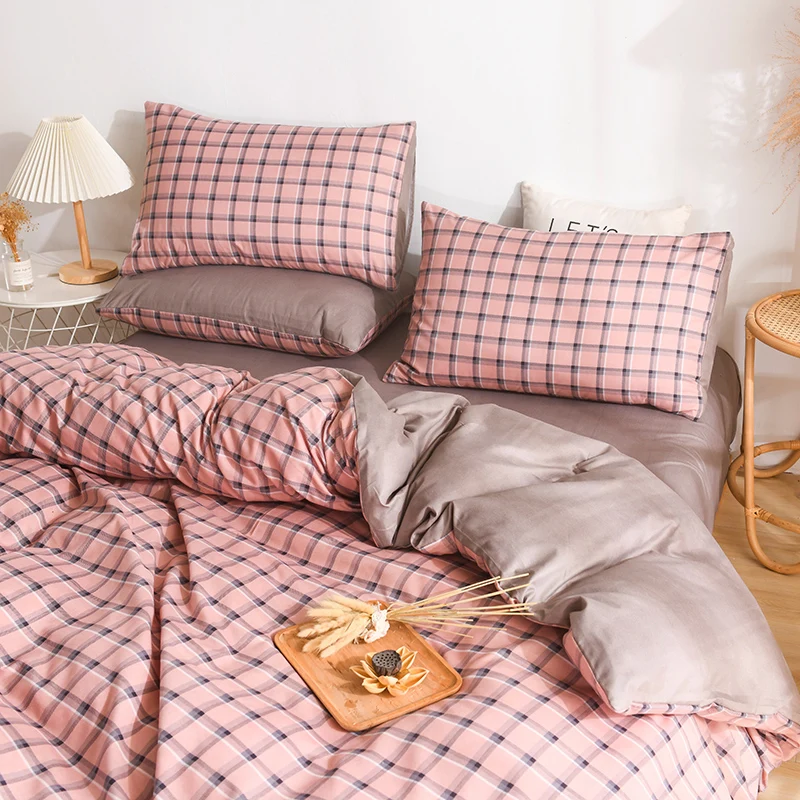 Grid Plaid Duvet Cover Set Pink Bedding Set Checkered Quilt Cover 4Pcs Polyester Comforter Cover 1 Flat Sheet and 1/2 Pillowcase