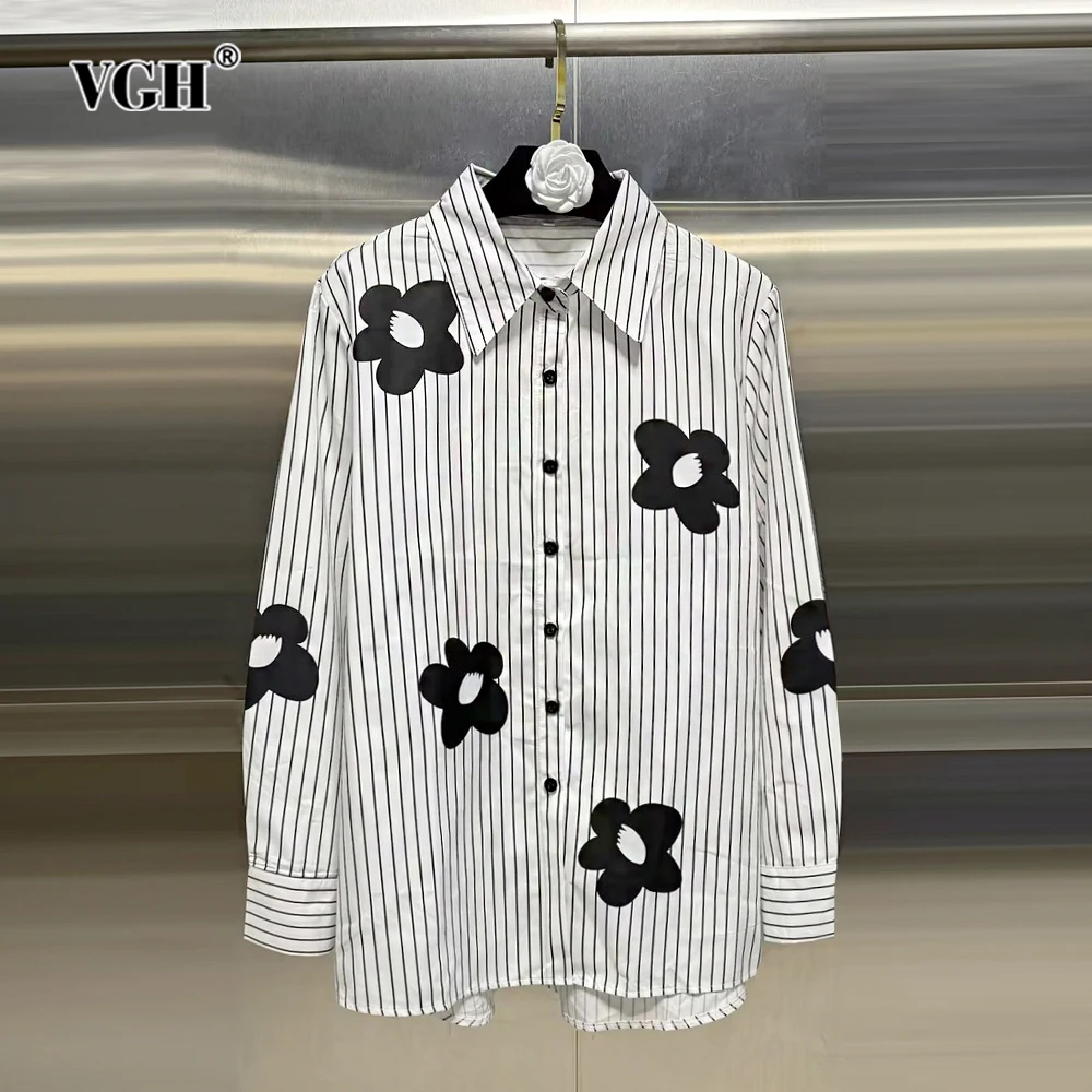 VGH Hit Color Floral Printing Casual Shirts For Women Lapel Long Sleeve Spliced Single Breasted Loose Striped Blouses Female New