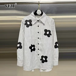 VGH Hit Color Floral Printing Casual Shirts For Women Lapel Long Sleeve Spliced Single Breasted Loose Striped Blouses Female New