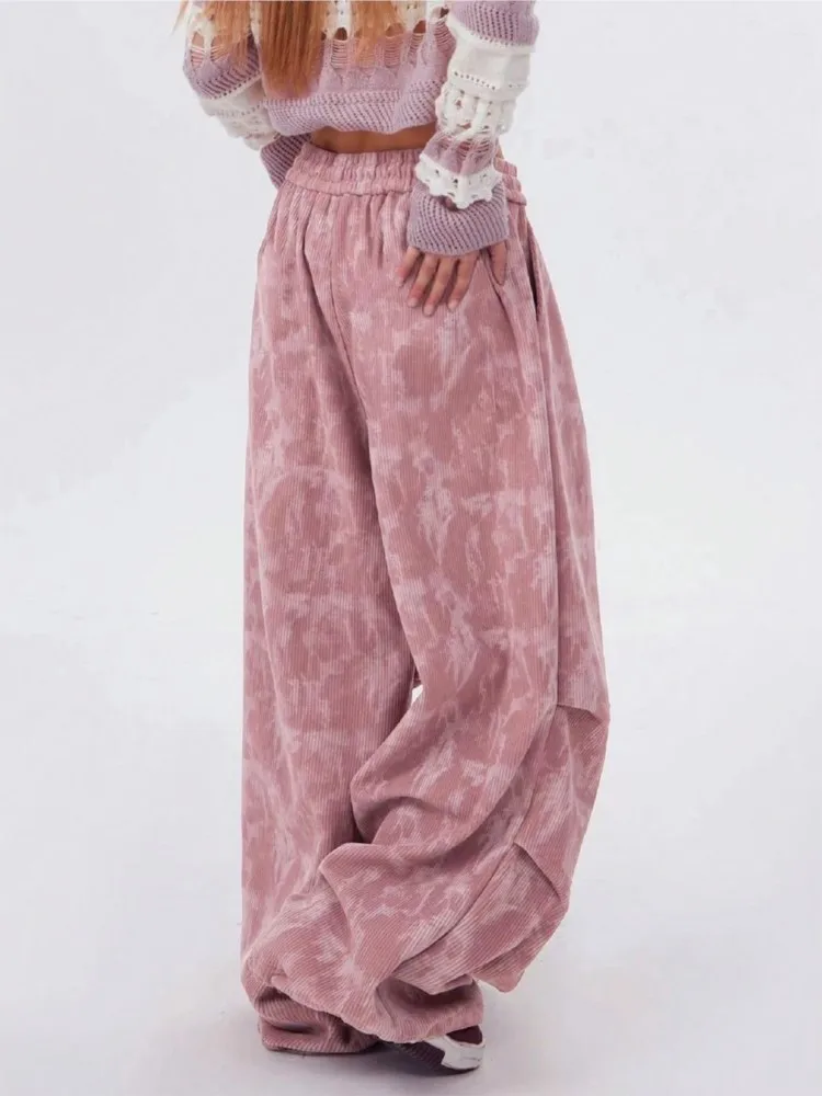 Women's Loose High-waisted Drawstring Trousers Spring And Autumn Tie-dyed Corduroy Wide-leg Pants New Casual Versatile Bottoms