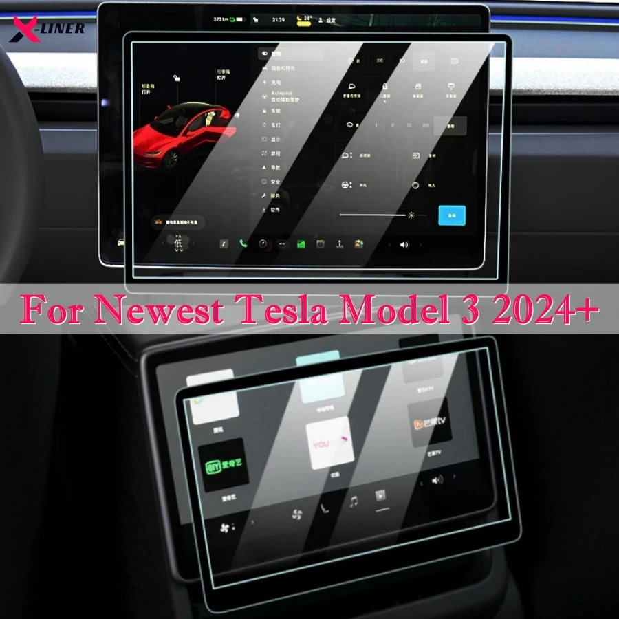 For Tesla Model 3 Highland 2024 15-inch Touch Screen Protector Cover 8-inch Rear Row Display Tempered Glass HD Transparent